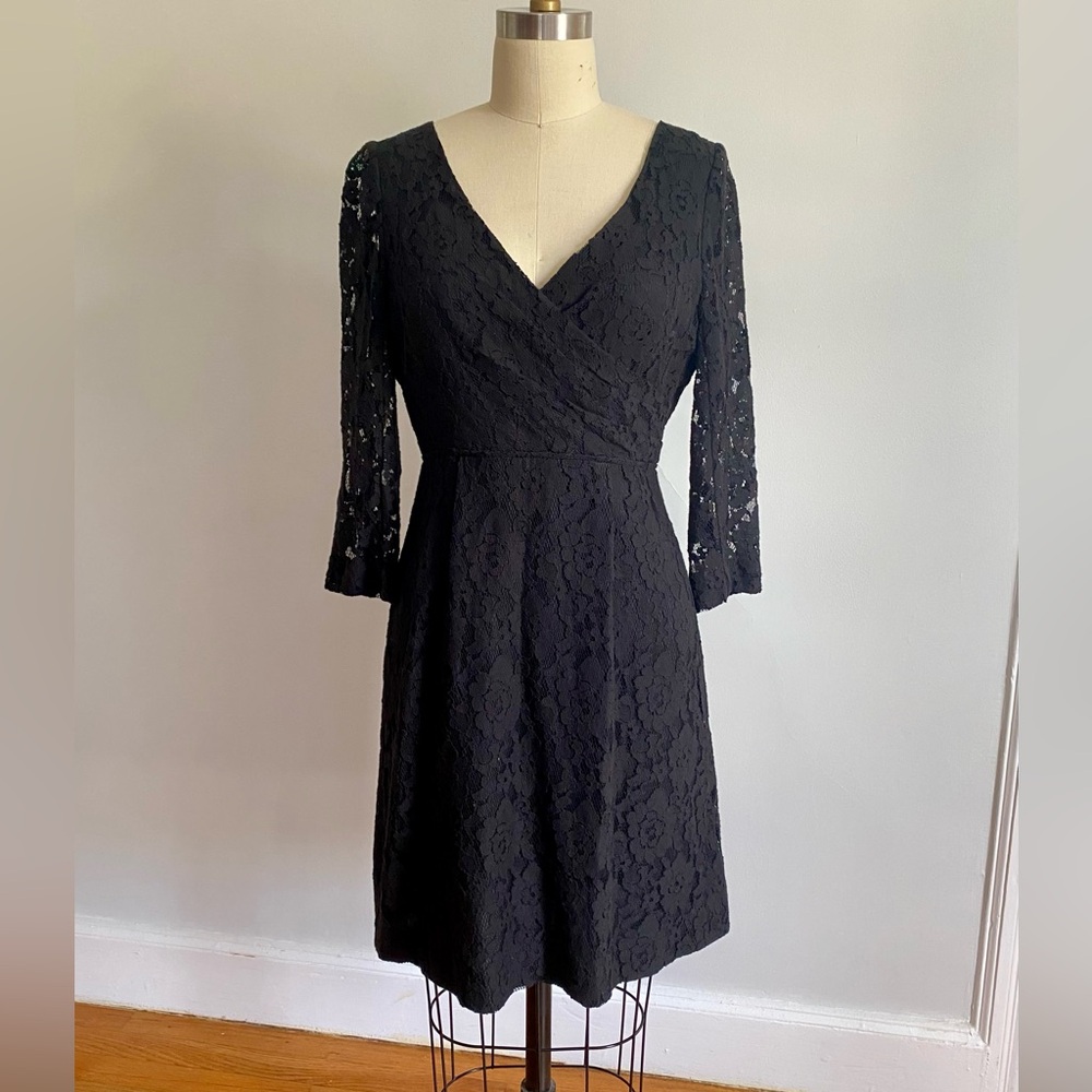 J. Crew | Black Lace Long Sleeve Faux Wrap Dress | Sz 4